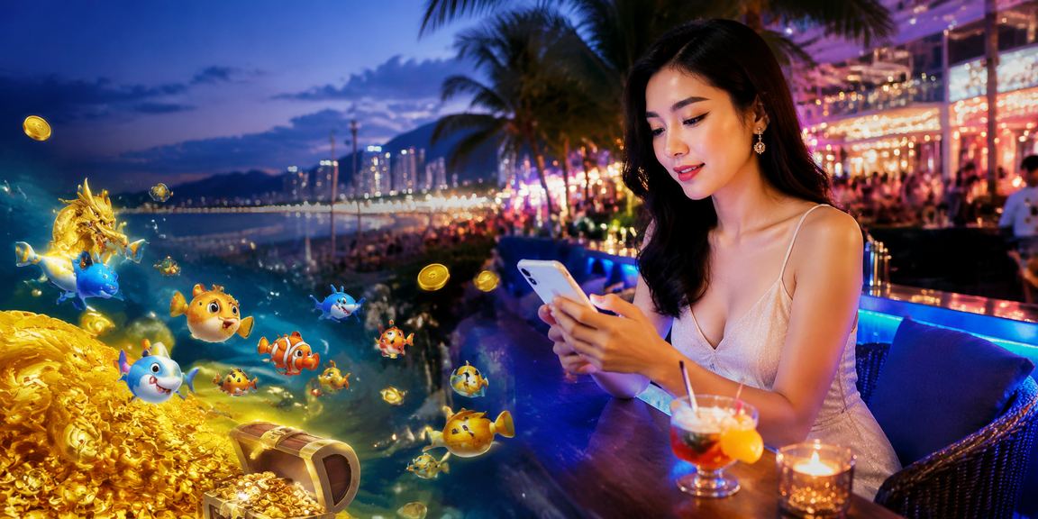Người dùng sử dụng điện thoại truy cập casino trực tuyến tại bãi biển Nha Trang
